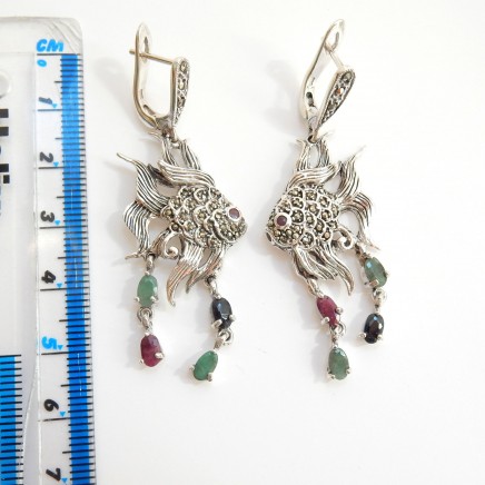 Photo of Sterling Silver Emerald Ruby Sapphire Oriental Fish Earrings