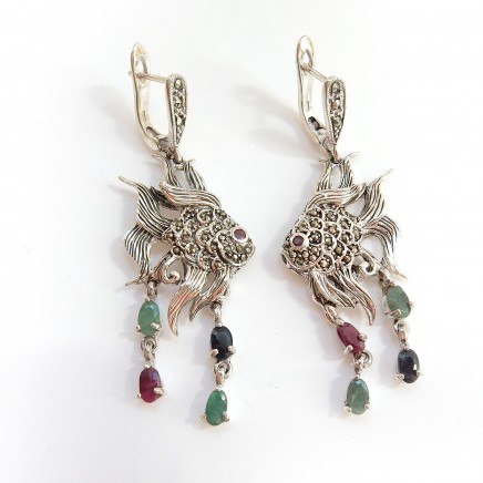 Photo of Sterling Silver Emerald Ruby Sapphire Oriental Fish Earrings