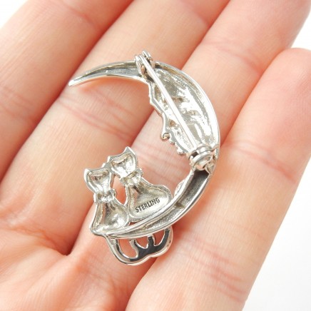 Photo of Sterling Silver Marcasite Cat & Moon Crescent Brooch