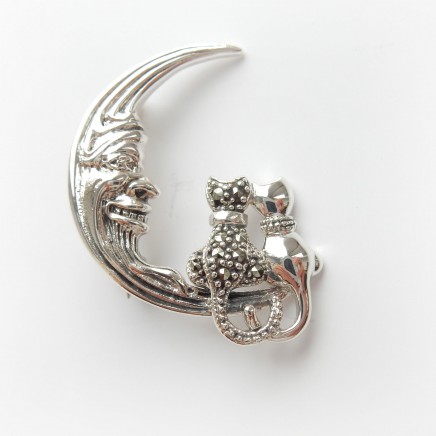 Photo of Sterling Silver Marcasite Cat & Moon Crescent Brooch