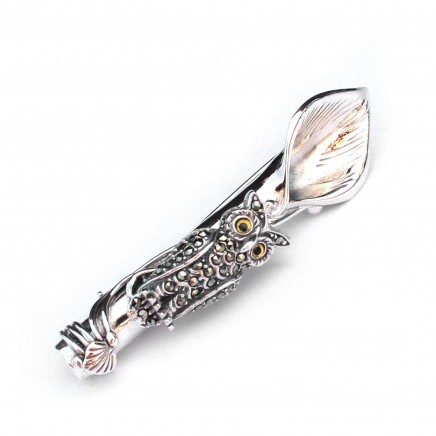 Photo of Sterling Silver Marcasite Owl Boutonnière Lapel Pin Posy Holder