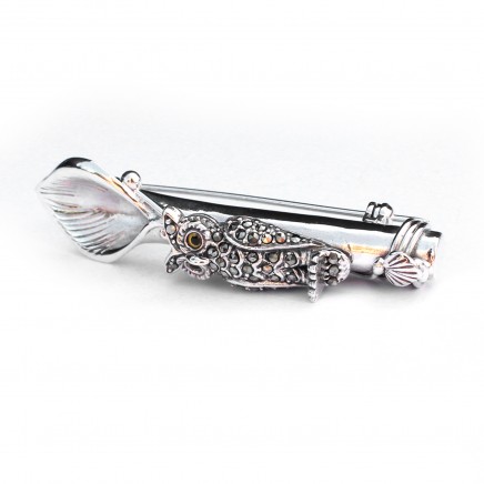 Photo of Sterling Silver Marcasite Owl Boutonnière Lapel Pin Posy Holder