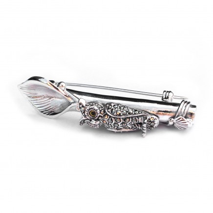 Photo of Sterling Silver Marcasite Owl Boutonnière Lapel Pin Posy Holder