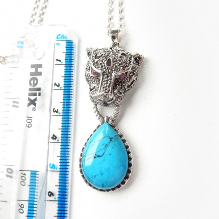 Photo of Sterling Silver Marcasite Turquoise Ruby Panther Cat Pendant Necklace