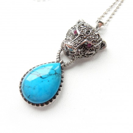 Photo of Sterling Silver Marcasite Turquoise Ruby Panther Cat Pendant Necklace