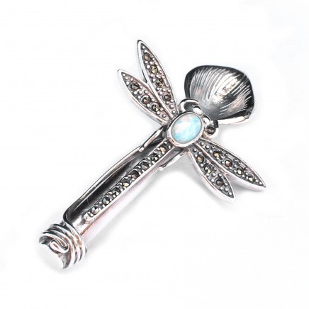 Photo of Sterling Silver Opal Marcasite Dragonfly Boutonnière Lapel Pin Posy Holder