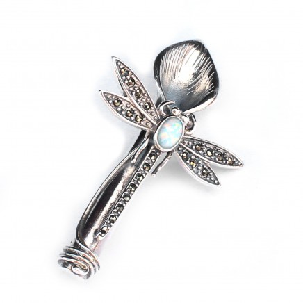 Photo of Sterling Silver Opal Marcasite Dragonfly Boutonnière Lapel Pin Posy Holder