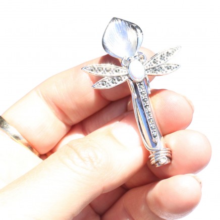 Photo of Sterling Silver Opal Marcasite Dragonfly Boutonnière Lapel Pin Posy Holder