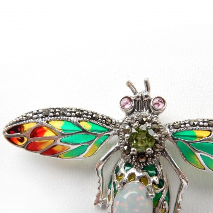 Photo of Sterling Silver Opal Peridot Bug Insect Enamel Brooch Pin October Birthstone