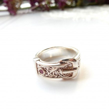 Photo of Sterling Silver Opal Ruby Buckle Band Ring Size 7