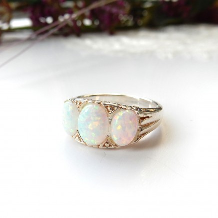 Photo of Sterling Silver Opal Trilogy Ring Size 6 3/4 October Birthstone