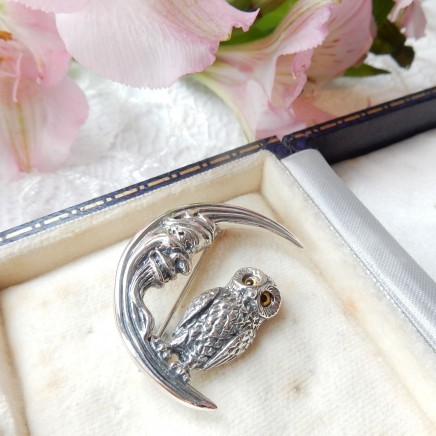 Photo of Sterling Silver Owl Moon Crescent Brooch Celestial Silver Jewelry