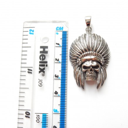 Photo of Sterling Silver Red Indian Feather Skull Pendant Gothic Jewelery
