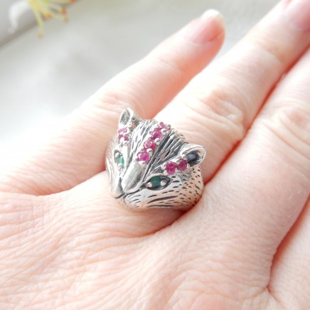 Photo of Sterling Silver Ruby Emerald Cat Ring Size 7.5