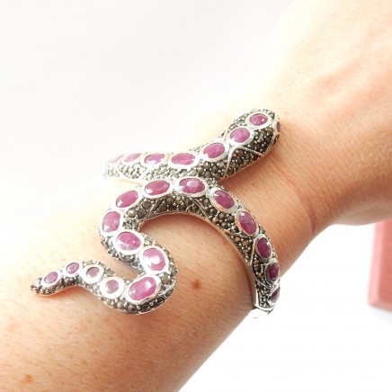 Photo of Sterling Silver Ruby Marcasite Snake Serpent Bracelet Cuff July Birthstone