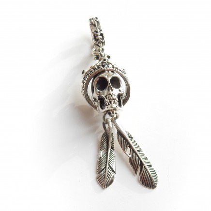 Photo of Sterling Silver Ruby Skull Crown Feather Pendant Gothic Pendant