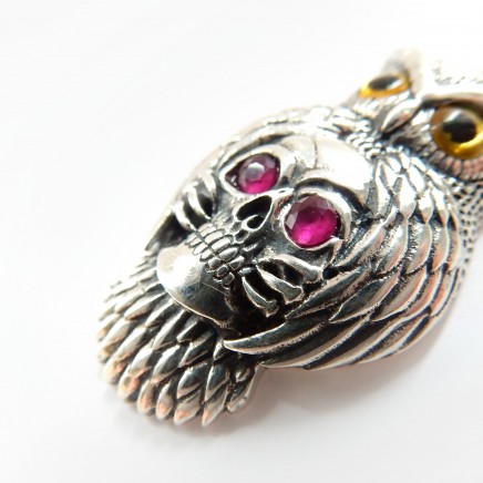 Photo of Sterling Silver Ruby Skull Owl Pendant Necklace