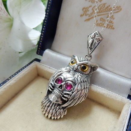 Photo of Sterling Silver Ruby Skull Owl Pendant Necklace