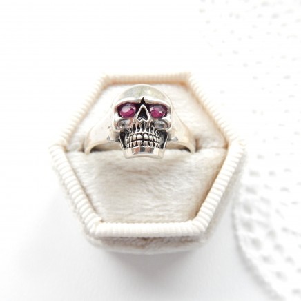 Photo of Sterling Silver Ruby Skull Ring Size 8 3/4 July Birthstone