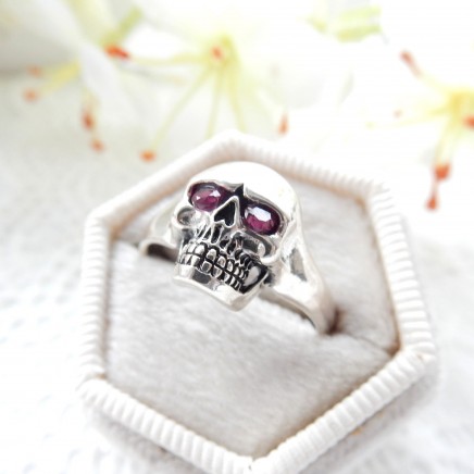 Photo of Sterling Silver Ruby Skull Ring Size 8 3/4 July Birthstone