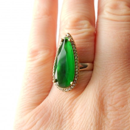 Photo of Sterling Silver Vermeil Emerald Green Paste Navette Ring Cubic Zirconia