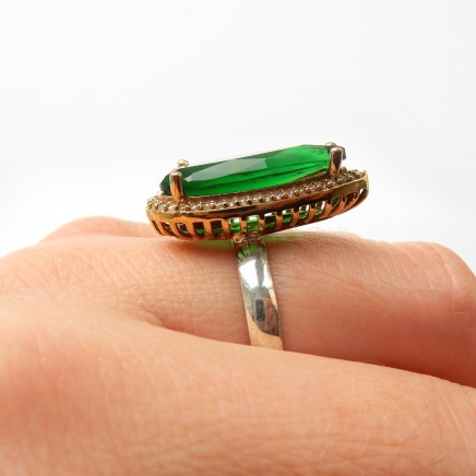 Photo of Sterling Silver Vermeil Emerald Green Paste Navette Ring Cubic Zirconia