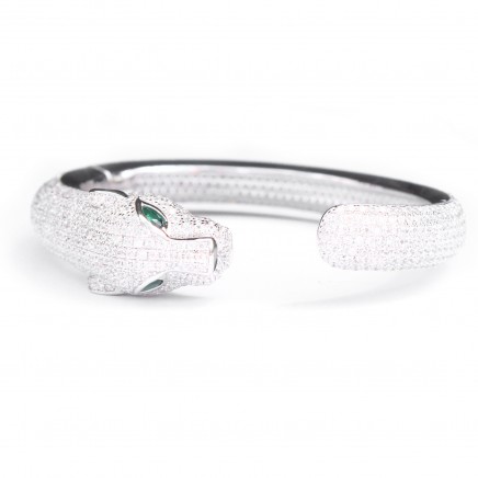 Photo of Sterling Silver With Emerald Glass & Cubic Zirconia Hinged Open Cuff Bangle Bracelet
