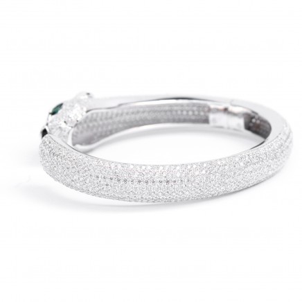 Photo of Sterling Silver With Emerald Glass & Cubic Zirconia Hinged Open Cuff Bangle Bracelet
