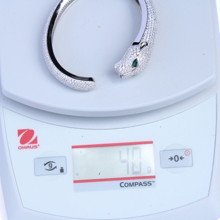 Photo of Sterling Silver With Emerald Glass & Cubic Zirconia Hinged Open Cuff Bangle Bracelet