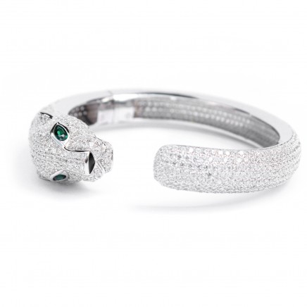 Photo of Sterling Silver With Emerald Glass & Cubic Zirconia Hinged Open Cuff Bangle Bracelet
