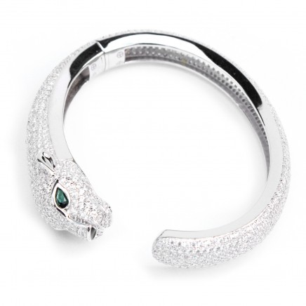 Photo of Sterling Silver With Emerald Glass & Cubic Zirconia Hinged Open Cuff Bangle Bracelet