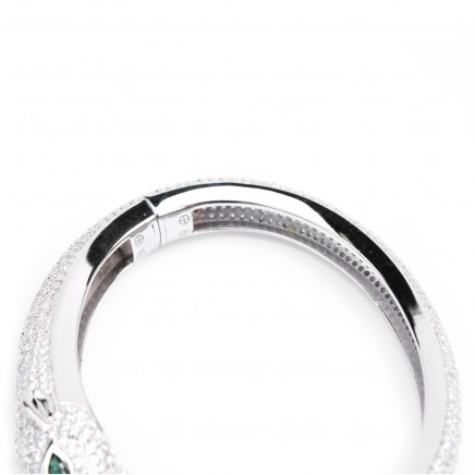 Photo of Sterling Silver With Emerald Glass & Cubic Zirconia Hinged Open Cuff Bangle Bracelet