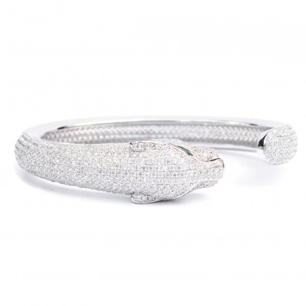Photo of Sterling Silver With Emerald Glass & Cubic Zirconia Hinged Open Cuff Bangle Bracelet