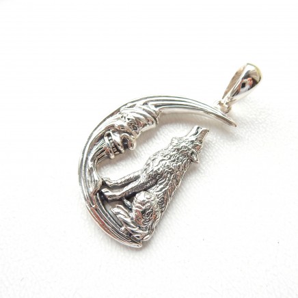Photo of Sterling Silver Wolf Moon Crescent Pendant Necklace Celestial Jewelry