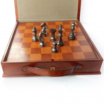 Photo of Tan Leather Boxed Chess Set Chess Board Hand Crafted