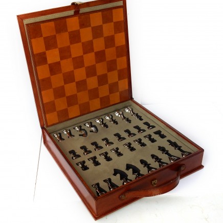 Photo of Tan Leather Boxed Chess Set Chess Board Hand Crafted