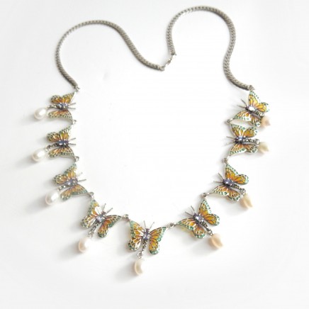 Photo of Tanzanite Plique a Jour Enamel Pearl Butterfly Necklace Sterling Silver