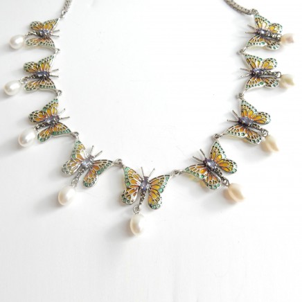 Photo of Tanzanite Plique a Jour Enamel Pearl Butterfly Necklace Sterling Silver