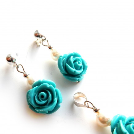 Photo of Turquoise Pearl Flower Earrings Pendant Jewelery Set Sterling Silver