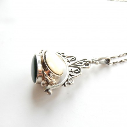 Photo of Victorian Agate Pearl Onyx Swivel Fob Pendant Necklace Sterling Silver