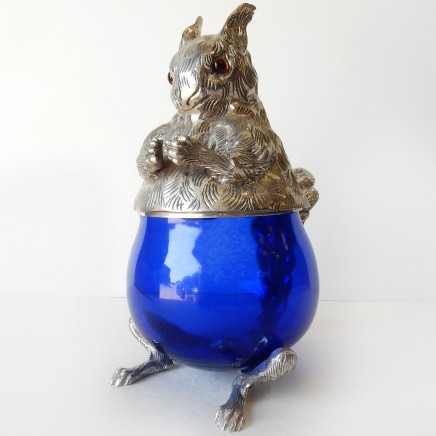 Photo of Victorian Blue Cobalt Glass Squirrel Biscuit Barrel Jar Silverplate