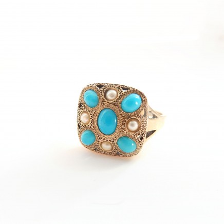 Photo of Vintage 10k Gold Turquoise Seed Pearl Ring Size 7 December Birthstone