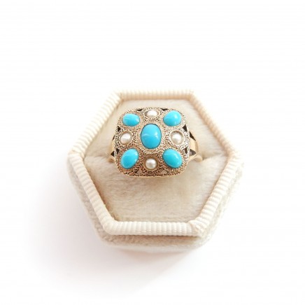 Photo of Vintage 10k Gold Turquoise Seed Pearl Ring Size 7 December Birthstone