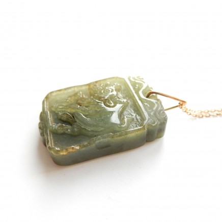 Photo of Vintage 9 Carat Gold Carved Jade Hardstone Pendant Necklace Carved Chinese Ox