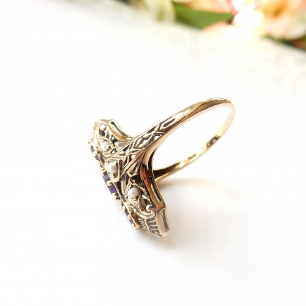Photo of Vintage 9k Gold Amethyst Seed Pearl Navette Ring Size 8 February Birthstone