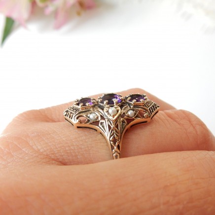 Photo of Vintage 9k Gold Amethyst Seed Pearl Navette Ring Size 8 February Birthstone