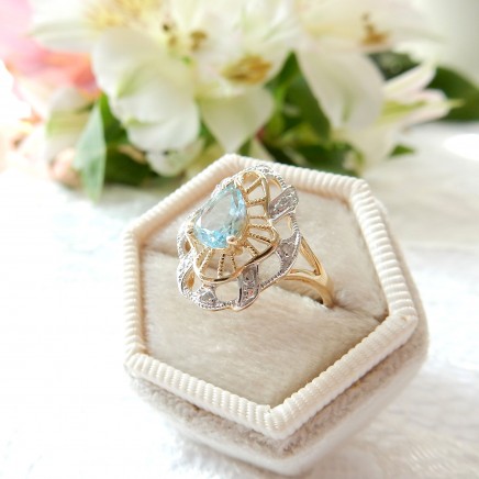 Photo of Vintage 9k Gold Diamond Topaz Filigree Ring Size 6