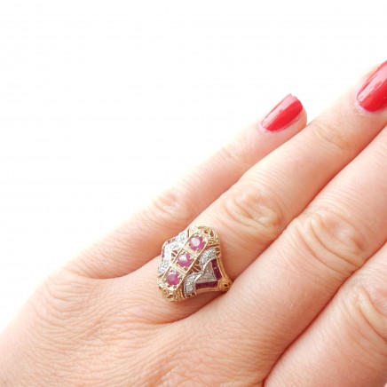 Photo of Vintage 9k Gold Ruby Diamond Navette Ring Filigree Ring Size 8
