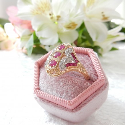 Photo of Vintage 9k Gold Ruby Diamond Navette Ring Filigree Ring Size 8