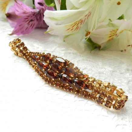 Photo of Vintage Amber Glass Orange Rhinestone Bracelet Fancy Link Bracelet